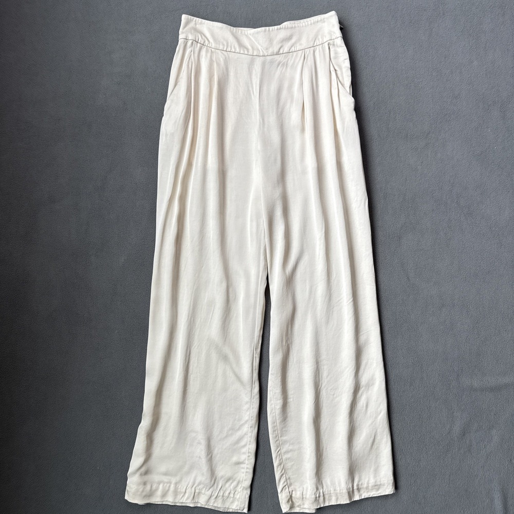 Sezane Ecru Wide Leg Pants High Rise Flowy Viscose Trousers FR 38